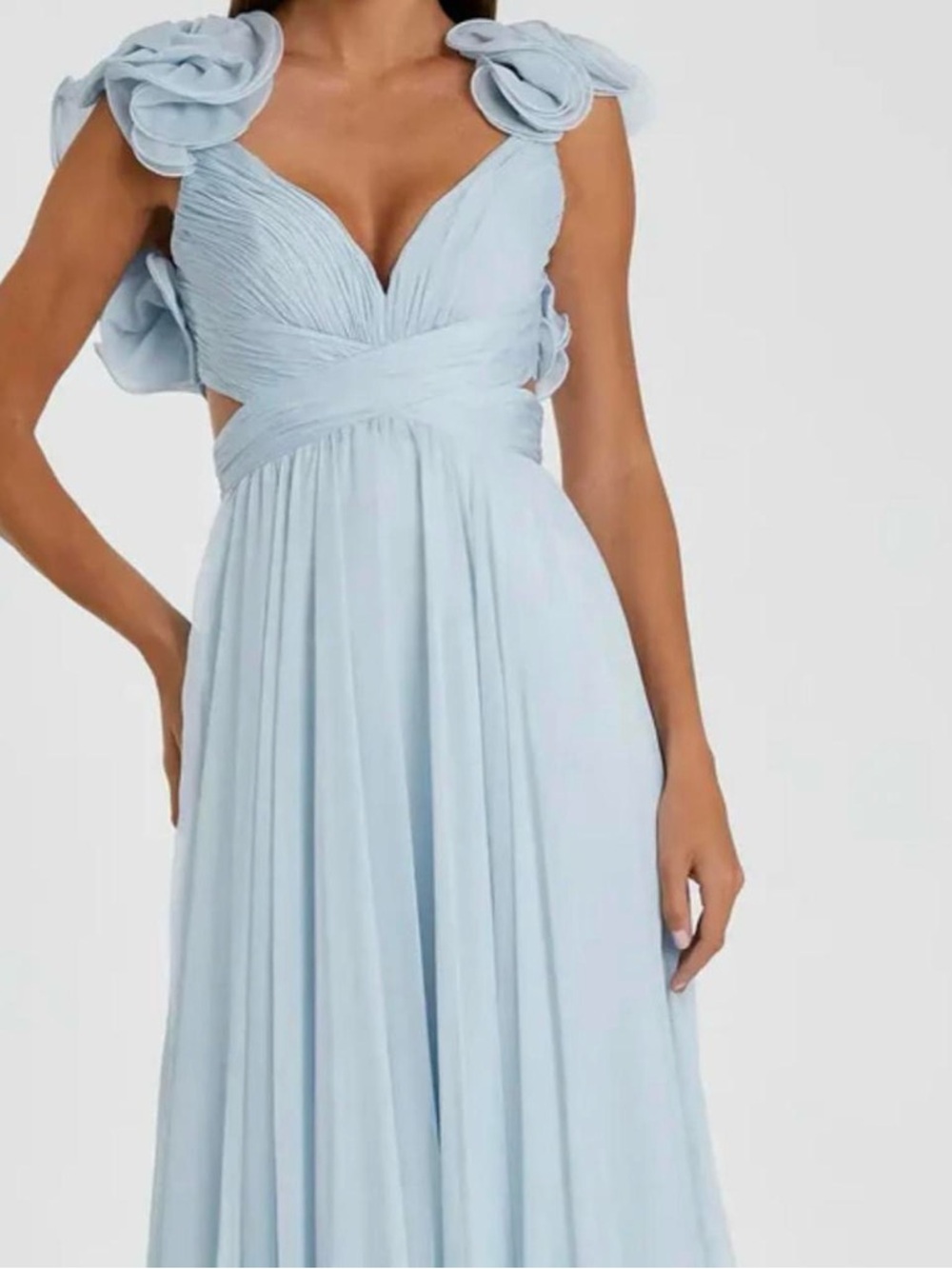Mac Duggal Powder Blue Chiffon Floral-Shoulder Prom Gown